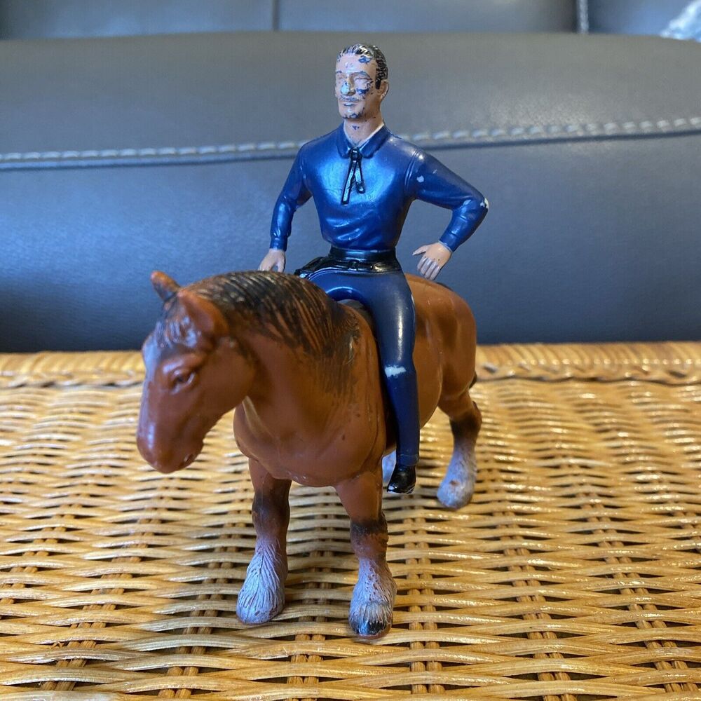 Vintage Bullyland Rubber Mare Figure Horse Hand Painted With Rider Germany
